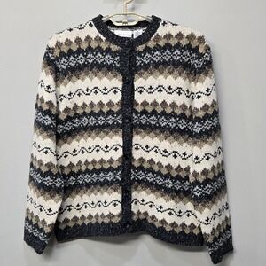 VTG Y2K Womens Cardigan Sweater XL Striped Fair Isle Fisherman Chunky Cottage‎